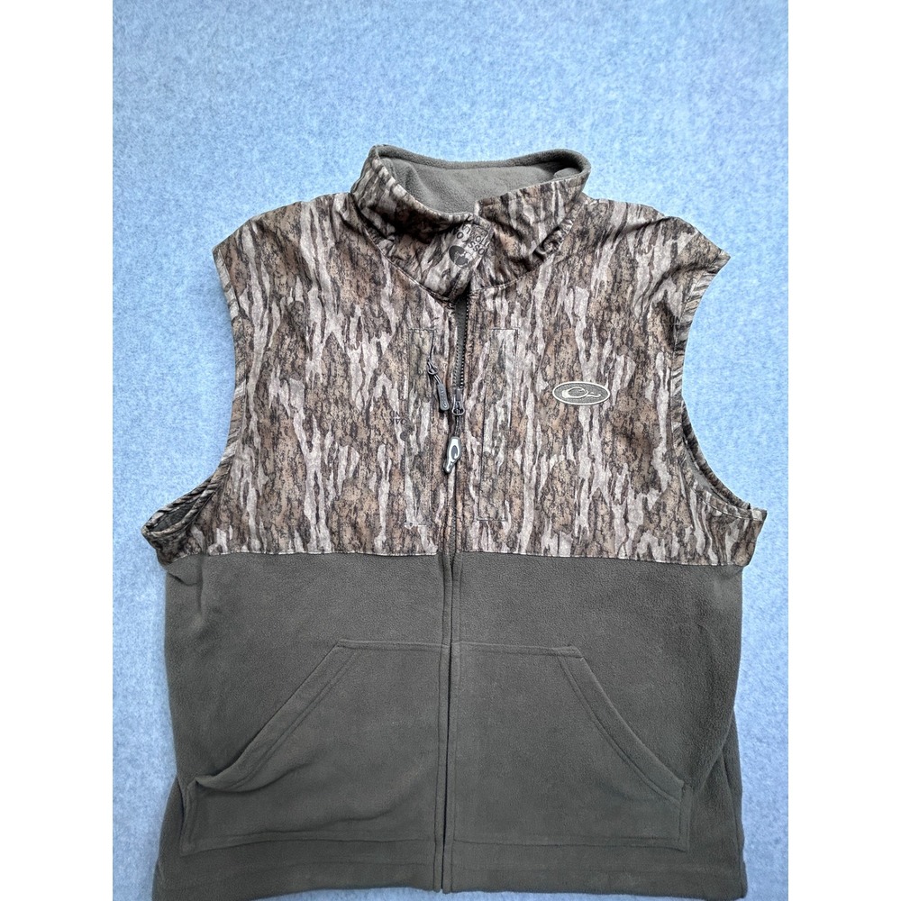 Drake Waterfowl Mens Fleece Vest Mossy Oak Bottomland Camo Full Zip Brown Medium